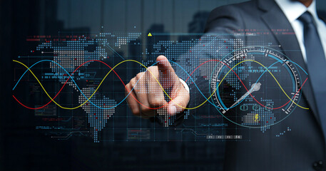 Businessman Using Touchscreen Technology with Digital World Map, Graphs, and Data Visualization in Modern Office Environment