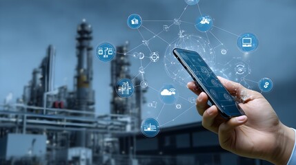 Industrial IoT and AI based technology concept with human hand using mobile device to manage smart automation, cloud network, and digital data flow for intelligent business operations