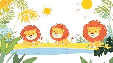 Three lion cubs by watering hole, sunny savanna