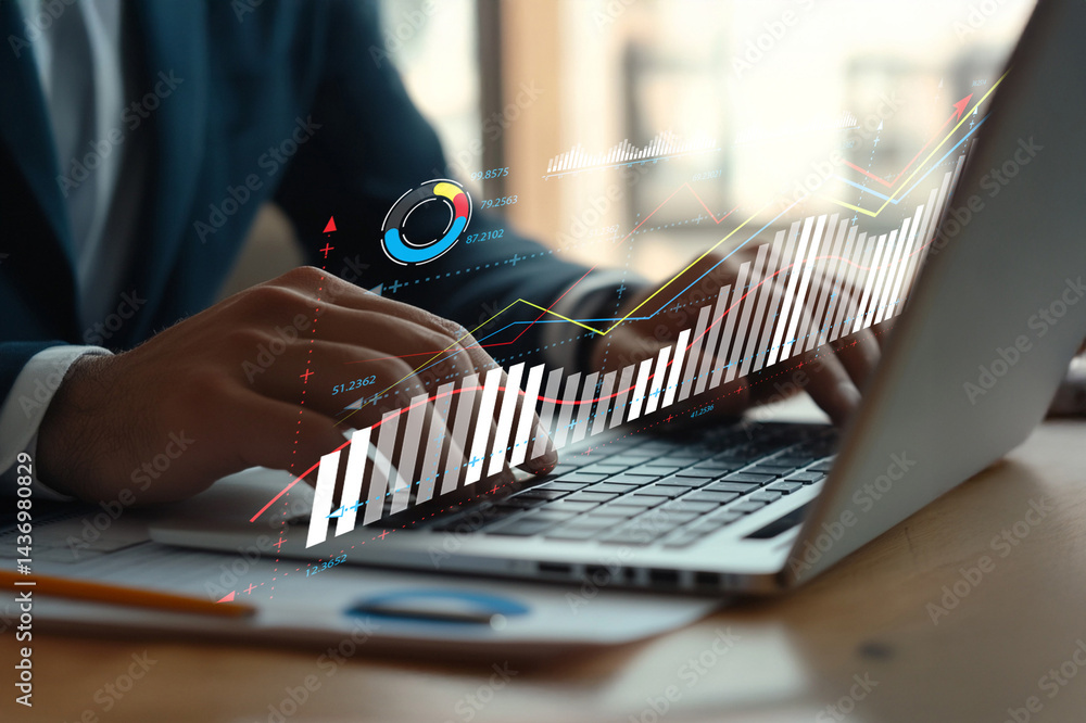 Poster business professional analyzing digital data trends on laptop in modern office environment with grap