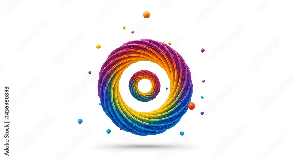 Poster a vibrant circular pattern with rainbow colors and scattered spheres on a white background space