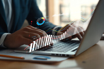 Business professional analyzing digital data trends on laptop in modern office environment with graphical financial charts and metrics display
