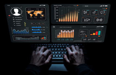 Hands Typing on Keyboard with Futuristic User Interface Displaying Data and Analytics for Smart Home Management and Digital Interaction