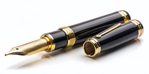 Vintage Black & Gold Fountain Pen on White - Elegant Stationery Stock Photo