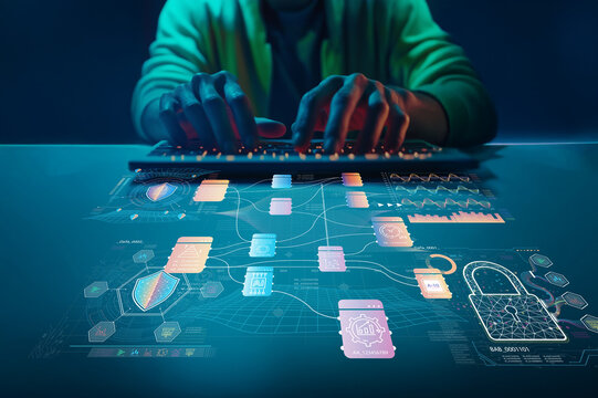 Person Using Keyboard in Dark Room Surrounded by Digital Security Icons and Data Visualizations Representing Cybersecurity Concepts and Technology Trends