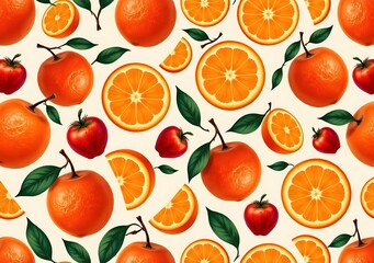 seamless pattern of sliced oranges and whole fruits flat vector on ivory background