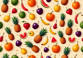 seamless pattern of random tropical fruits flat vector on sand yellow background
