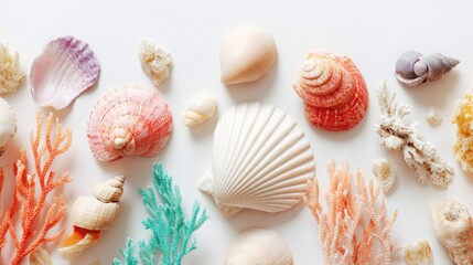 Assorted Colorful Seashells and Coral on Light Background for Beach and Ocean Themes