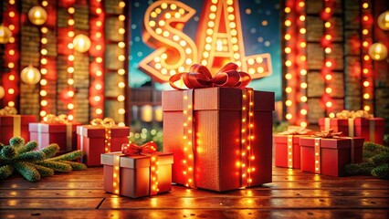 Vintage Christmas Sale: 3D Red Gift Boxes & Neon Sign