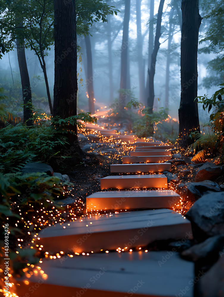 Poster Enchanted Forest Pathway Lit by Ethereal Fairy Lights in a Mystical Setting : Generative AI