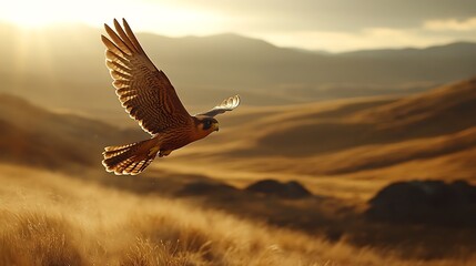 Fototapeta premium A peregrine falcon diving at incredible speed towards its prey, wings tucked in and body streamlined, blurred landscape below, the power and precision of nature’s fastest predator 