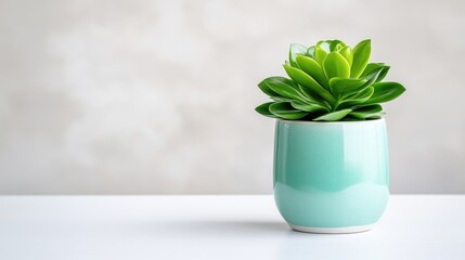 Succulent plant in teal pot on white surface