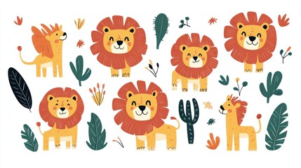 Cute lion cubs, desert plants, playful, children's illustration, design element