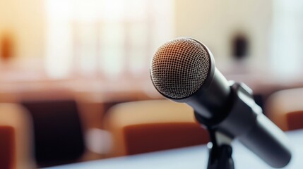 Fototapeta premium Close-up of Microphone in Conference Room with Soft Lighting