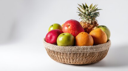 Fresh and Colorful Fruit Arrangement in a Natural Woven Basket on a Clean White Background