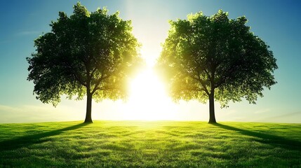 Two Majestic Trees Sunset Meadow Landscape