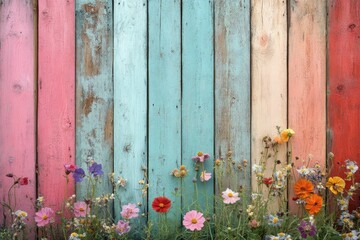 Colorful wooden fence backdrop with vibrant cosmos flowers blooming at the bottom, creating a rustic, charming scene.
