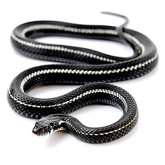 Fototapeta premium A black snake with white stripes coiled on a white background