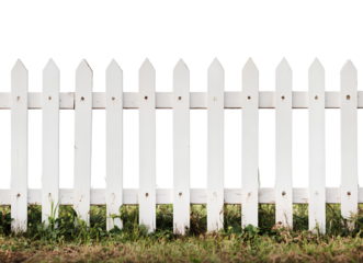  White picket fence isolated on transparent background, PNG. White wooden picket fence