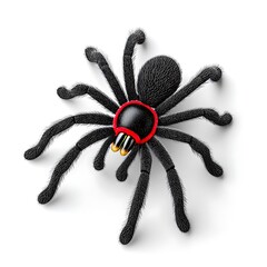 A black tarantula with red banding on its abdomen, eight hairy legs, and prominent fangs