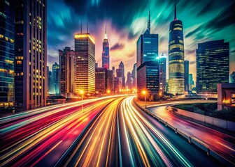 Fototapeta premium Vintage Night City Highway Speed Blur Lights, 3D Render Stock Photo