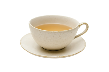 A cup of tea, light beige, on a saucer