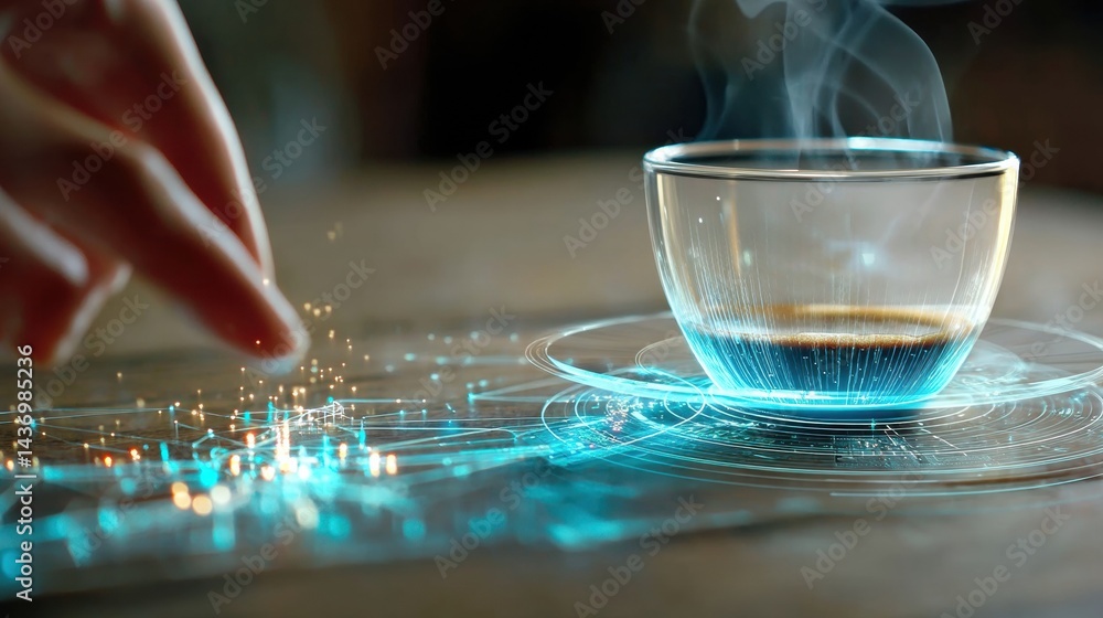 Poster interactive hologram menu showcases options near steaming coffee cup in modern cafe setting