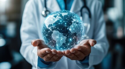 Global healthcare connectivity: Doctor holding interconnected digital earth