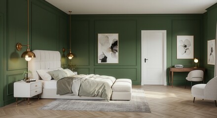 Luxurious Bedroom Interior with Emerald Green Walls, Gold Lighting, and Artwork