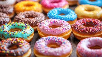 Assortment of Delicious Donuts with Various Glazes and Sprinkles, Ready to Delight