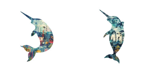 silhouette narwhal with underwater scene inside watercolor vector illustration © Dar