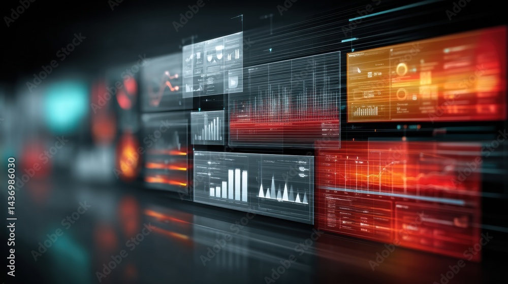 Poster floating marketing dashboard showcasing various metrics and analytics in a dynamic digital environme
