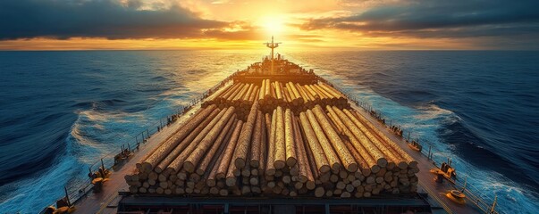 Cargo ship carrying lumber at sunset