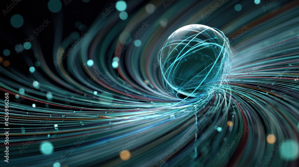 Poster Floating AI Orb Surrounded by an Energy Field and Swirling Data Graphics Creates a Futuristic Atmosphere in a Digital Realm