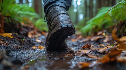 Obraz premium Navigating nature's terrain: Muddy hiking boot in forest exploration scenario