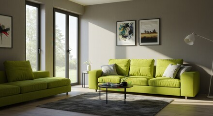 Fototapeta premium Modern Living Room with Lime Green Sofa, Art, and Natural Light