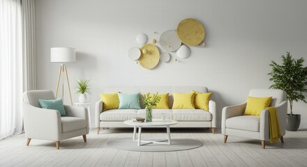 Modern Living Room Decor with Yellow and Teal Accents and Abstract Wall Art