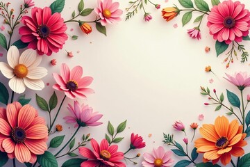 Intricate floral pattern, vibrant blooms on soft backdrop, blue, orange, graphics