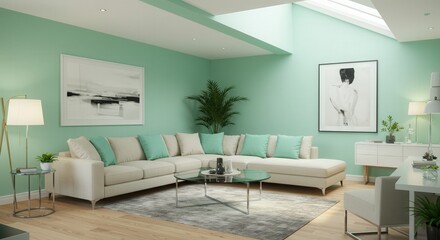 Bright Living Room with Mint Walls, Skylight, and Modern Furniture