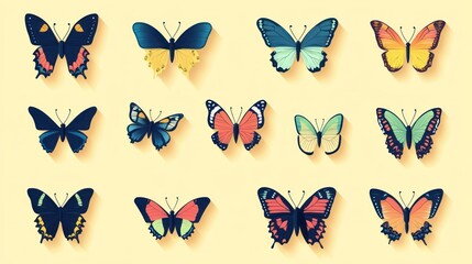 Fototapeta premium Assorted butterfly collection, graphic design use, flat lay, yellow background