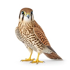 Obraz premium A small, brown and white falcon with a sharp beak and yellow feet, standing on a white background