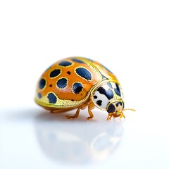 Obraz premium A vibrant orange ladybug with black and white spots, perched on a white surface