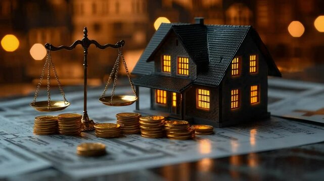 A symbol of financial decisions, a miniature house, set before a scale. representing the balance of value and the concept of making sound financial decisions in property investment.