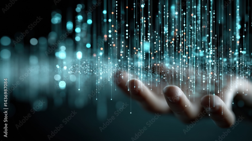 Poster Floating Holographic Code Hovers Above an Outstretched Hand in a Vibrant Cyberspace Environment Filled With Glowing Data Streams