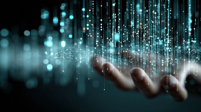 Floating Holographic Code Hovers Above an Outstretched Hand in a Vibrant Cyberspace Environment Filled With Glowing Data Streams