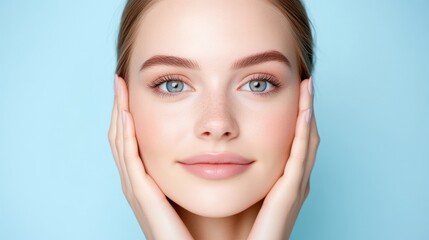 Womans Face Hands Clean Skincare Style High-resolution Soft Lighting Portrait Close-up View Smooth Skin Self-Care Concept Pastel Blue Background Soft Pink Tones Beauty Product Advertising