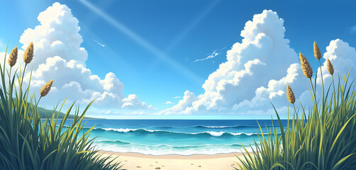 Fototapeta premium Tropical paradise: sunny beach with palm trees meets the blue sea under a partly cloudy sky