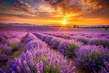 Obraz premium Vintage Sunset Lavender Field: Serene Purple Flowers in Golden Hour Light