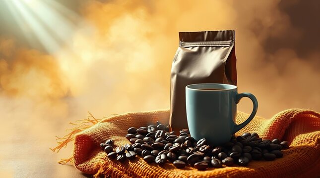 Aromatic coffee beans and a steaming cup of joe
