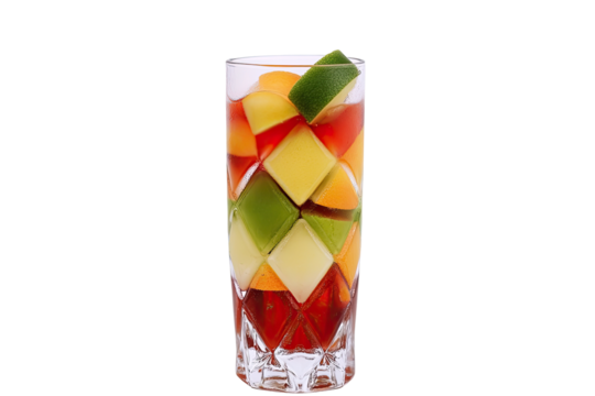 Colorful fruit cocktail in a tall glass  Fresh, vibrant, and refreshing drink with colorful fruit cubes